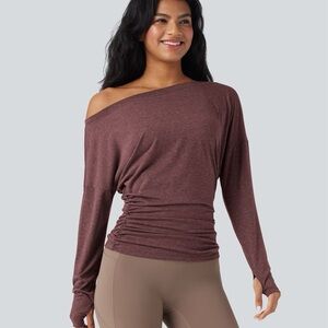 Halara One Shoulder Long Sleeve Thumb Hole Ruched Yoga Sports Top medium